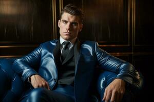 ai generato uomo d'affari modello indossare blu completo da uomo seduta su il sedia con generato ai foto