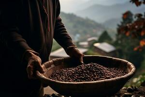 ai generato un' uomo Tenere un' legna vassoio di caffè fagioli nel davanti di natura sfondo bokeh stile sfondo con generativo ai foto