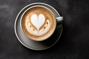 ai generato romantico tazza di latte macchiato caffè con cuore sagomato schiuma arte su superiore, superiore Visualizza su amore a tema sfondo foto