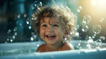 ai generato un' contento bambino ridendo nel il vasca da bagno. generativo ai. foto