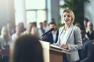 ai generato femmina altoparlante dando un' parlare su aziendale attività commerciale conferenza. irriconoscibile persone nel pubblico a conferenza sala. attività commerciale e imprenditoria evento foto