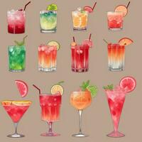 ai generato cocktail mocktail bevande collezione illustrazione acqua colore semplice sfondo foto