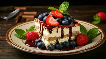 ai generato dolce piatto Tiramisù cibo foto