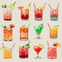 ai generato cocktail mocktail bevande collezione illustrazione acqua colore semplice sfondo foto