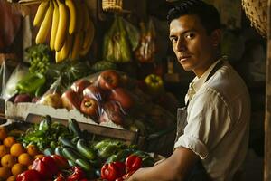 ai generato ritratto di giovane uomo vendita frutta e verdure a il mercato foto