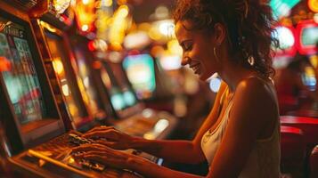 ai generato giovane spagnolo donna giocando fessura macchina nel casinò. lei è sorridente e avendo divertimento. foto