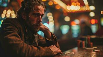 ai generato ritratto di maturo uomo seduta nel un' pub a notte e giocare poker. foto