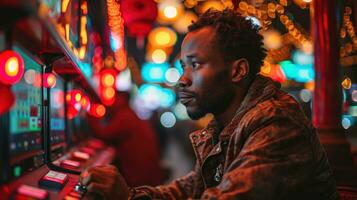 ai generato africano americano uomo giocando fessura macchina a notte nel il città. foto