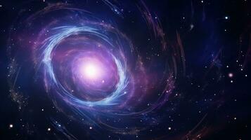 ai generato rotante nero buco nel cosmo nel sfondo di splendente stelle, nel indaco viola colori. grande scoppio. spirale galassia. ideale per sfondi o a tema spaziale soddisfare foto