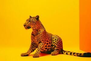 ai generato leopardo su un' giallo sfondo. neurale Rete ai generato foto