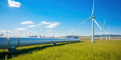 ai generato idrogeno tubatura e vento turbine nel verde campo, elettricità produzione, verde energia concetto foto