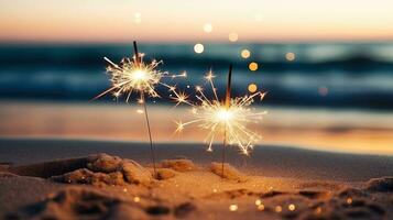 ai generato Bengala luci su il spiaggia vicino oceano foto