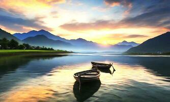 ai generato bellissimo fotografia di un' piccolo lago con un' messa a fuoco su un' di legno barca a remi e sorprendente nuvole nel il cielo foto