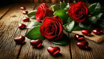 ai generato rustico amore rosso Rose e cuore caramelle su di legno sfondo foto