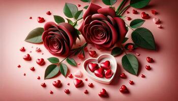 ai generato romantico affare Rose e cuore caramelle foto