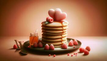 ai generato Tesoro prima colazione pancake pila con cuore toppers foto