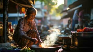 ai generato tailandese donna cucinando cibo su il strada. asiatico tailandese Locale strada cibo foto