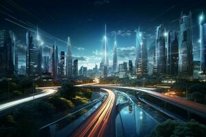 ai generato futuristico urbano vista moderno paesaggio urbano con un' toccare di avant garde foto