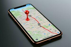 ai generato mobile Mappatura 3d rendere di smartphone con rosso carta geografica pointer foto