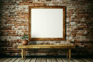 ai generato Vintage ▾ ambiance camera interno con bianca mattone parete, di legno pavimento foto