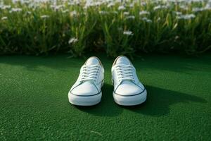 ai generato moda stile di vita piedi nel bianca scarpe da ginnastica su lussureggiante verde erba foto