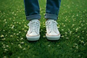 ai generato primavera autoscatto piedi nel bianca scarpe da ginnastica su verde erba sfondo foto