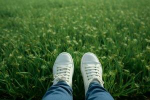 ai generato primavera vibrazioni piedi nel bianca scarpe da ginnastica su fresco verde erba foto