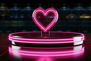 ai generato san valentino eleganza neon cuore lineamenti, rosa podio nel riflessivo ambientazione foto