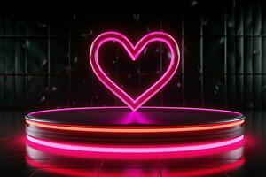 ai generato amore palcoscenico neon cuore lineamenti, rosa podio su buio sfondo foto