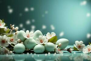 ai generato Pasqua vibrazioni leggero verde sfondo, uova, fiori, Perfetto per saluti foto