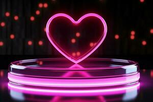 ai generato san valentino eleganza neon cuore lineamenti, rosa podio nel riflessivo ambientazione foto