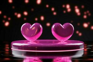 ai generato radiante amore scena neon cuori, rosa podio su riflessivo sfondo foto