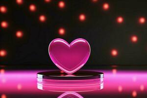 ai generato radiante amore scena neon cuori, rosa podio su riflessivo sfondo foto
