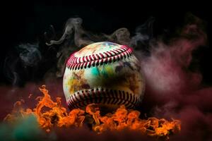 ai generato vivido contrasto colorato baseball sta su contro un' misterioso, fumoso fondale foto