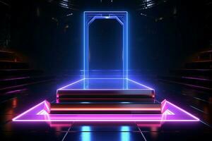 ai generato tecnologico fascino metallico podio bagnata nel neon luci per Prodotto promozione foto