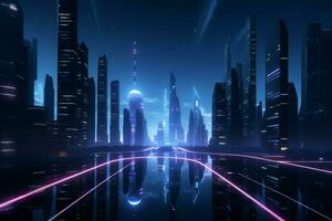 ai generato 3d rendere di un' Tech infusa notte scena, esemplificativo futuristico urbanistica foto