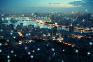 ai generato digitalizzato città superiore Visualizza con informatica linee, illustrare futuro connettività foto