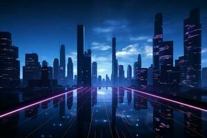 ai generato futuristico 3d rendere informatica notte paesaggio urbano con travolgente luminosità foto