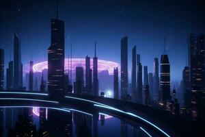 ai generato 3d rendere di un' Tech infusa notte scena, esemplificativo futuristico urbanistica foto