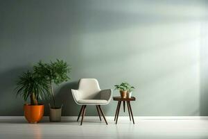 ai generato semplicità in mostra sedia, lampada, verde pianta con bianca copia spazio foto