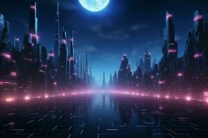 ai generato raggiante 3d scena cyberpunk notte paesaggio urbano, epitome di futuro estetica foto