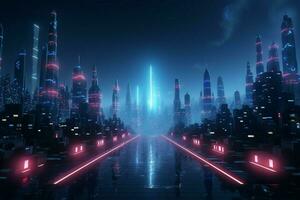 ai generato raggiante 3d scena cyberpunk notte paesaggio urbano, epitome di futuro estetica foto