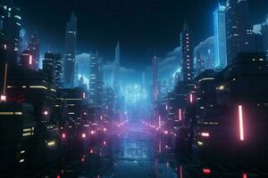 ai generato immersiva 3d cyberpunk concetto futuristico paesaggio urbano con vivace leggero dinamica foto