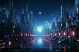 ai generato futuristico 3d rendere informatica notte paesaggio urbano con travolgente luminosità foto