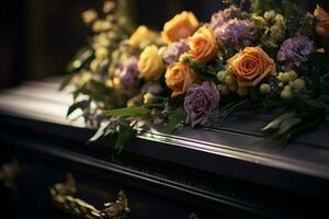 ai generato solenne occasione funerale fiori presentata su il bara, vicino su foto