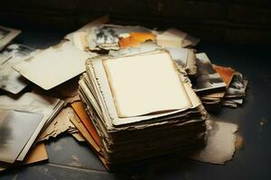 ai generato nostalgico collezione pila di vecchio, rumpled cartoline su grigio foto