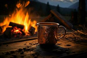 ai generato accogliente natura selvaggia scena cottura a vapore caffè tazza di il fuoco di bivacco splendore foto