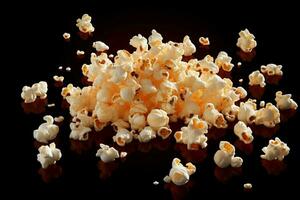 ai generato volante diletto Popcorn isolato su nero sfondo, vicino su istantanea foto