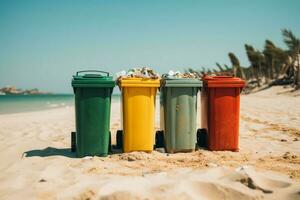 ai generato quattro spazzatura ordinamento contenitori su il spiaggia per ambientale conservazione foto