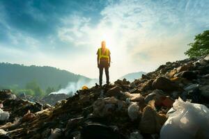 ai generato ambientale sfida ecologico ingegnere facce un' degradato spazzatura montagna foto